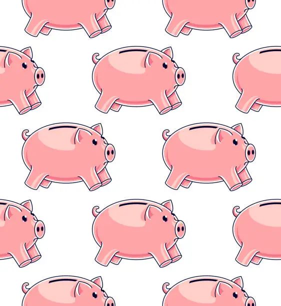 Vector illustration of Piggy banks seamless background, backdrop for financial business website or economical theme ads and information, piggybank savings, vector wallpaper or web site background.