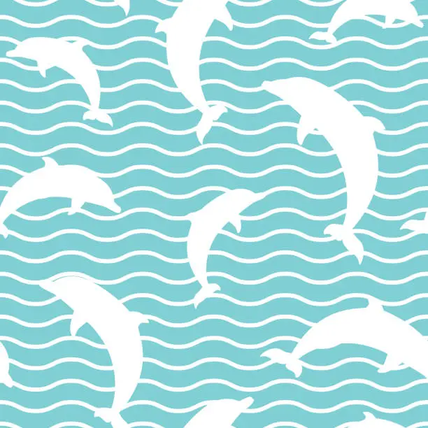 Vector illustration of Seamless pattern with dolphins and waves on powder blue background.