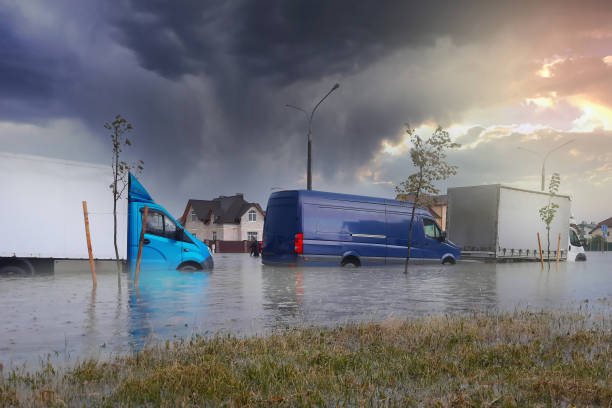 車は浸水した道路で大雨に乗ります。大雨の後、街の通りが浸水した。水の洪水のレベルを表示します。洪水で運転する車 - sunken ストックフォトと画�像