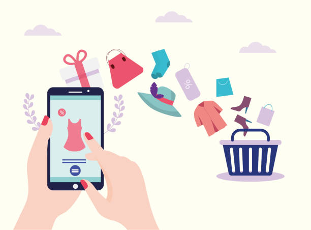 스마트폰을 들고 있는 여성과 함께 소셜 미디어 마케팅 휴대 전화. 모바일 앱을 통한 온라인 쇼핑. 전화, 인터넷 스토어, 온라인 쇼핑 컨셉을 통한 온라인 쇼핑. - online shopping stock illustrations