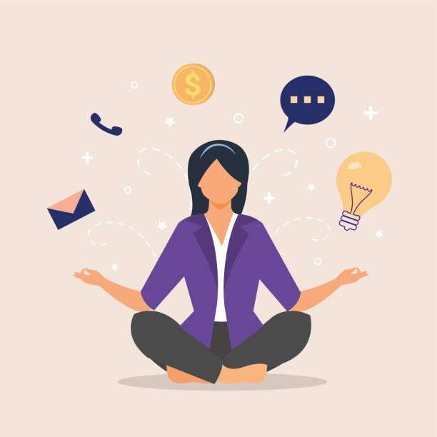 Worker relaxation, business woman character doing yoga meditation on lotus pose in messy office workplace. Meditation reduces stress. Beautiful fit young businesswoman sitting in the office doing yoga. Businesswomen sitting on floor in lotus pose, doing mental relaxation. Women doing yoga smiling and looking relaxed. By doing yoga, he reduces the intense work tempo, reduces his work and thoughts. Vector illustration with icons floating in the air. Businesswomen  dressed formally and elegantly in office attire doing modern relaxation exercise. cross legged illustrations stock illustrations