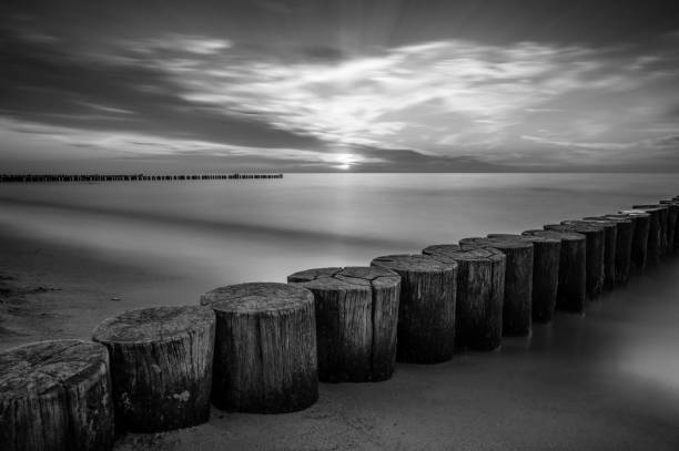 хитрый черно-белый снимок заката над океаном - sea black and white horizontal horizon over water стоковые фото и изображения