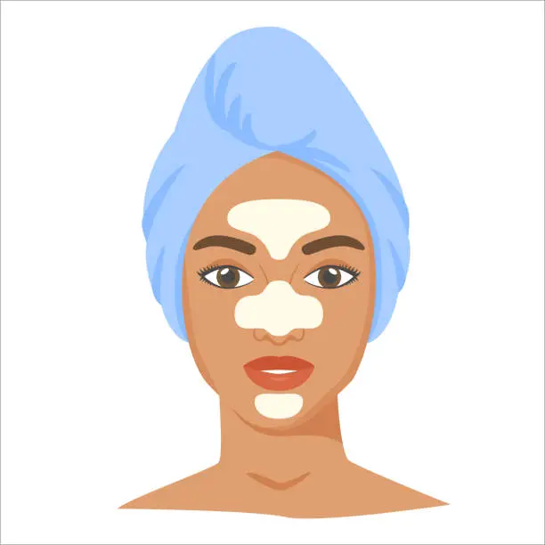 Vector illustration of Young black woman with t-zone strips and towel on head. Skincare procedures at home. Cosmetic patches for nose, forehead and chin. Vector