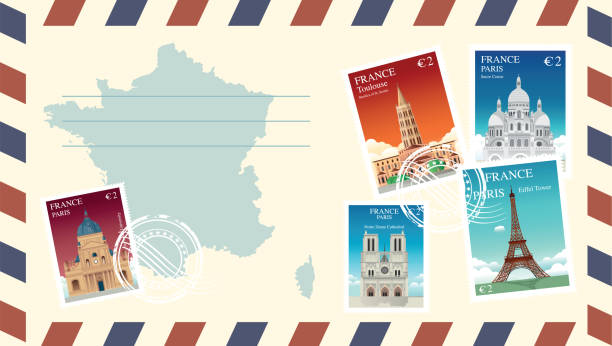 ilustrações, clipart, desenhos animados e ícones de carta da frança - postcard french culture france postage stamp
