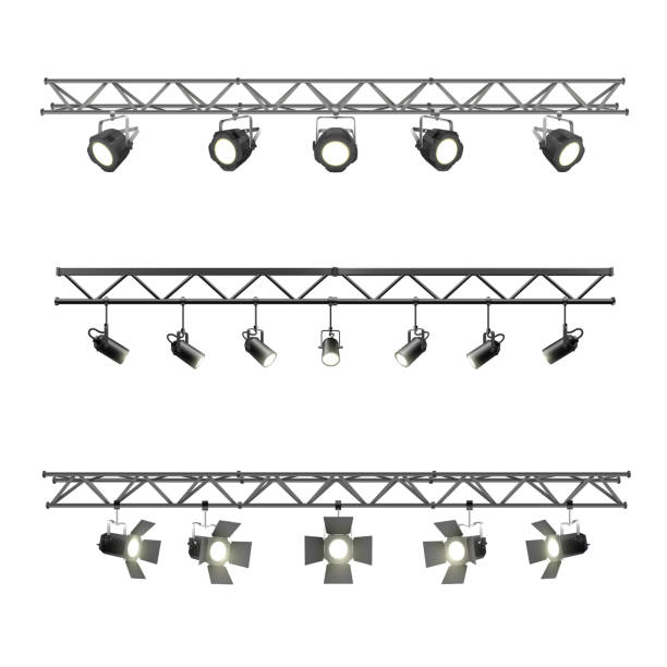 Realistic Lighting metal beam with spotlights equipment for studio and exhibition pavilion stage lightin Realistic Lighting metal beam with spotlights equipment for studio and exhibition pavilion stage lighting. Metal truss spotlight set girder photos stock illustrations