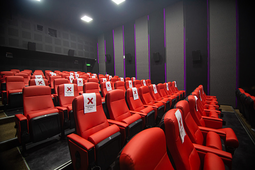 Wide shot, cinema hall with red color chair, no people