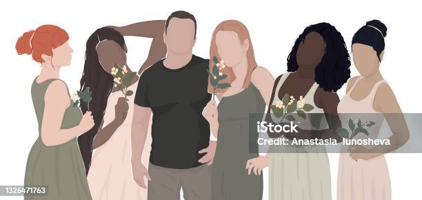 Mann Und Viele Frauen Verschiedener Ethnischer Zugehörigkeit Vektor ...