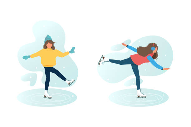 Young girls is skating on ice Young girls is skating on ice. Winter sports. Figure skating. Snowfall, winter. International Day of Snow and Winter Sports. Cute vector illustration in flat cartoon style ice skating vector stock illustrations