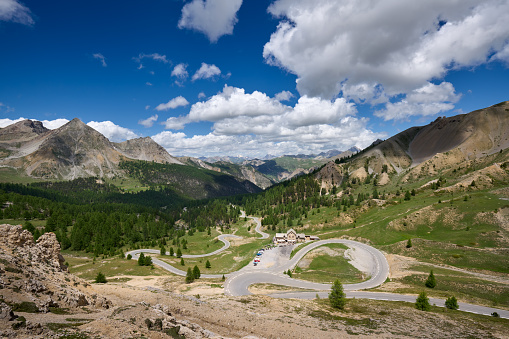 Izoard Pass (Col d'Izoard), the scenic D902 road and Napoleon Refuge in Summer. Queyras Regional Natural Park, Hautes Alpes (05), French Alps, France