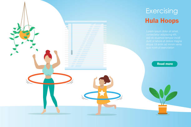 ilustraciones, imágenes clip art, dibujos animados e iconos de stock de madre e hija practicando hula hoop en casa. - hooping