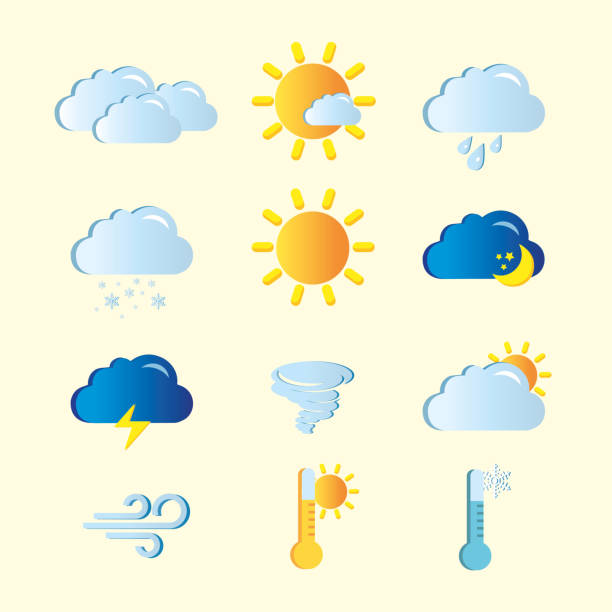 ilustrações, clipart, desenhos animados e ícones de conjunto de ícones meteorológicos. ícones meteorológicos para impressão, web ou aplicativo móvel.   ícones planos meteorológicos definidos. kit de sinais web de meteorologia. a coleção de pictogramas climáticos inclui sol, tornado, neblina. sím - barometer heat thermometer sun