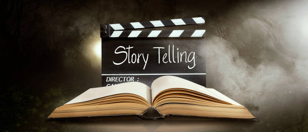 Storytelling, text title on the film slate, Screenwriting concept. Handwriting on movie clapperboard ;storytelling for film, cinema and video photography concept cinematic music photos stock pictures, royalty-free photos & images