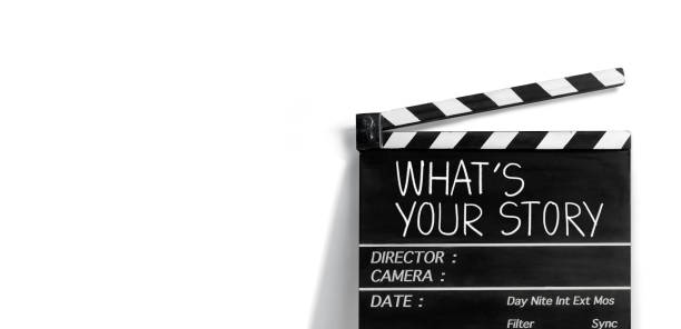 what's your story, text title written on the film slate or clapperboard. - storey imagens e fotografias de stock