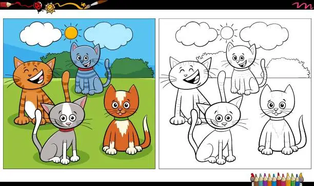 Vector illustration of cartoon cats and kittens group coloring book page