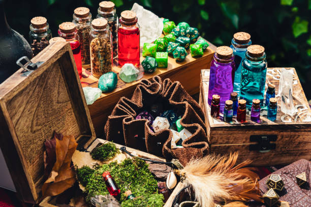 RPG gaming scene with potions and gaming dice stock photo