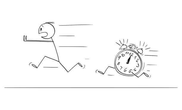 ilustraciones, imágenes clip art, dibujos animados e iconos de stock de persona corriendo desde el despertador de tiempo o fecha límite, vector cartoon stick figura ilustración - clock time alarm clock urgency