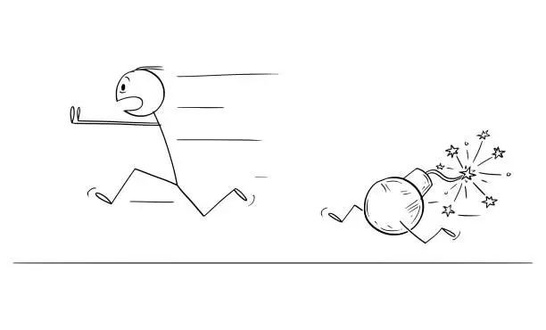 Vector illustration of Bomb Chasing Running Person, Concept of Time, Deadline or Failure, Vector Cartoon Stick Figure Illustration