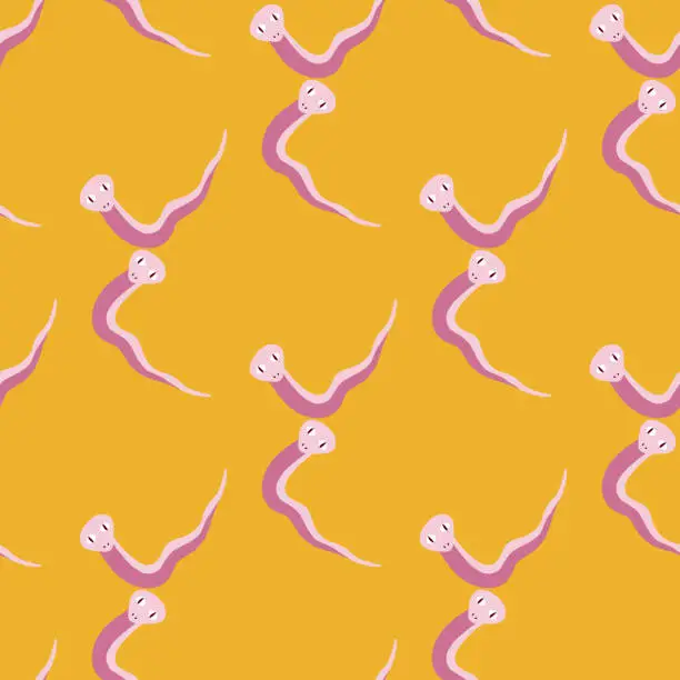 Vector illustration of Geometric style animal seamless pattern with lilac colored snakes print. Orange bright background.