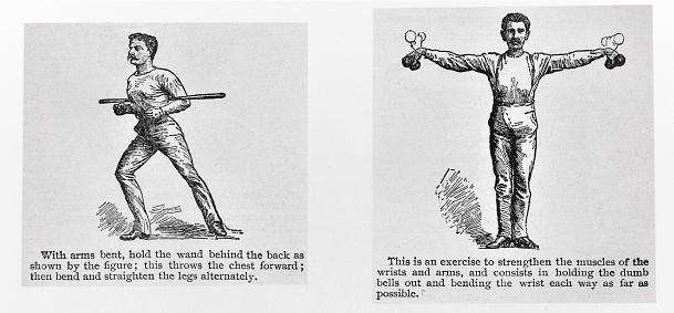 Men demonstrate how-to maintain a healthy body through exercising. Series. Illustration published in Royal Manual by Henry Davenport Northrop (The Dallas Book Publishing Co.: Dallas, Texas) in 1891.