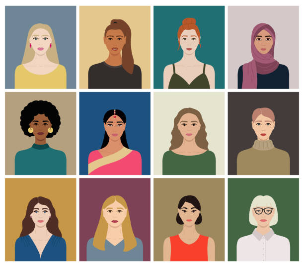 ilustrações, clipart, desenhos animados e ícones de conjunto de rostos femininos diversos com diferentes etnias, cores de pele, penteados. coleção de retratos de mulheres para avatares em redes sociais, interface de comunicação. ilustração vetorial desenhada à mão. - hijab profile teenager islam