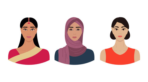 다른 민족, 피부 색, 헤어 스타일을 가진 아시아 지역에서 여성 얼굴의 세트. 소셜 네트워크에서 아바타에 대한 여성의 초상화 컬렉션. 손으로 그린 벡터 그림. - indian girls illustrations stock illustrations
