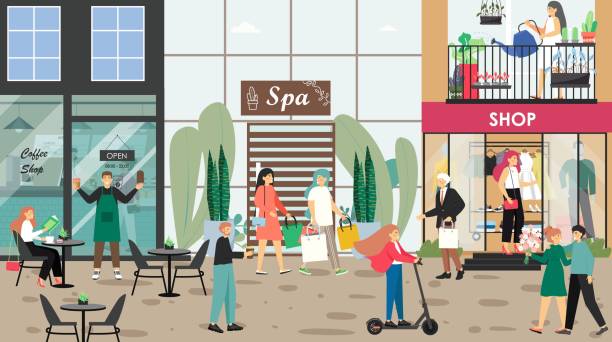 illustrazioni stock, clip art, cartoni animati e icone di tendenza di persone che visitano caffè, negozio di abbigliamento, salone spa, camminando lungo la strada dello shopping cittadino, illustrazione vettoriale. luogo pubblico. - starbucks women walking restaurant