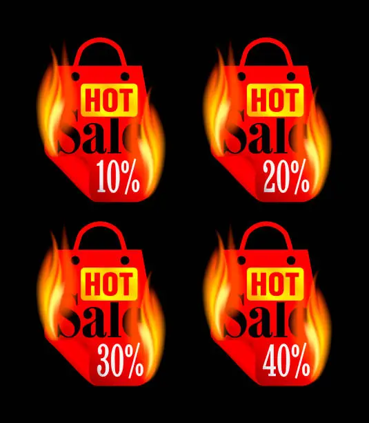 Vector illustration of Hot sale stickers set with red burning package. Sale stickers 10%, 20%, 30%, 40% off