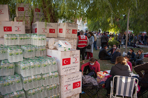 View of Humanitarian Aid boxes on the Earthquake Zone, Bayrakli, Izmir, Turkey after the Earthquake in Aegean Sea on October 30th, 2020 at 14:51 (GMT+3) which was declared as magnitude 6.9 by Kandilli Institute of Turkish Earthquake Researches, while United States Geological Survey (USGS) declares it as magnitude 7.0