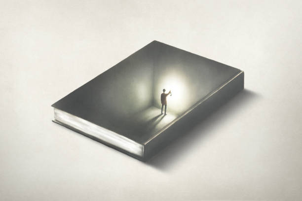 illustration of man inside a book, surreal optical illusion educational concept - göz yanılması stock illustrations