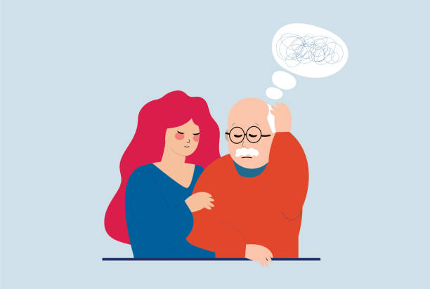 istock Young character girl caring an old man or grandfather with dementia. 1326493712