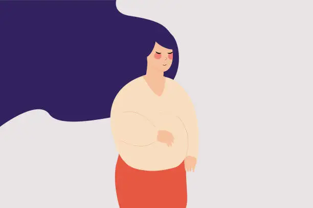 Vector illustration of Pregnant female holds her stomach with love and care.