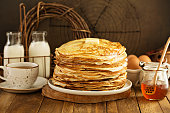 Stack of thin russian pancakes or crepes