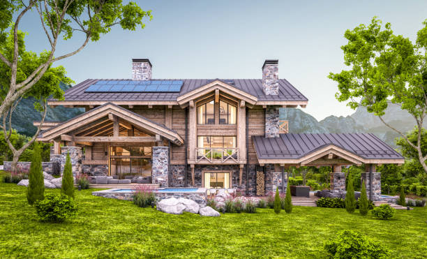 istock 3d rendering of modern cozy chalet in evening 1326498569