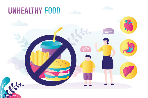 Mother ask fat son limiting intake of junk fast food. Obesity problem, unhealthy food. Concept of dietetics and restrictions. Health care problems. Human organs icons. Flat vector illustration