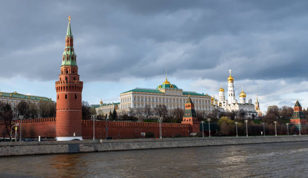 The Grand Kremlin Palace, Ivan the Great Bell Tower and the Moscow Kremlin towers on a sunny spring evening.
