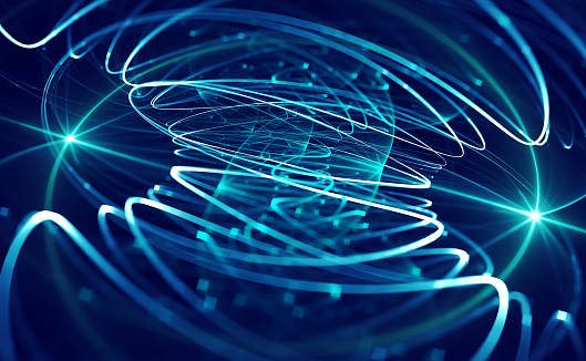 Futuristic Abstract Technology Swirl Pixel Light Painting Tunnel Spiral Vortex Pattern Sine Radio Lens Flare Brain wave Interference Blurred Motion Shape Bipolarity Exploding Sparks Cable Flowing Crisscross Spiral Navy Blue Teal Background 16x9 Format Fractal Art Digitally Generated Image for banner, flyer, card, poster, brochure, presentation