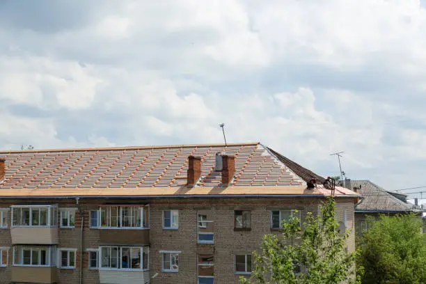 City Tula. Russia - May 19, 2021: Repair of the roof and ceilings on an old five-story Soviet building in Russia