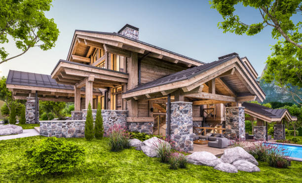 istock 3d rendering of modern cozy chalet in evening 1326499872