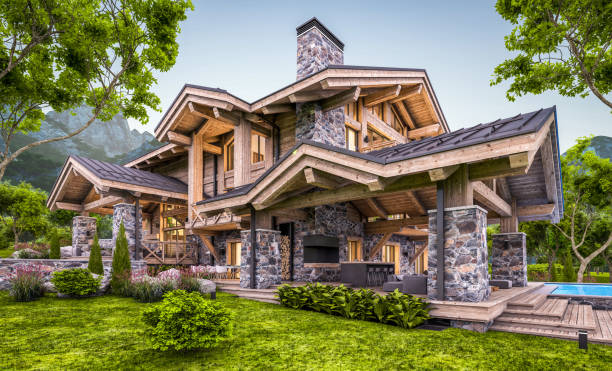 istock 3d rendering of modern cozy chalet in evening 1326499873