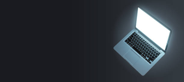 istock Empty laptop computer with white screen on grey background with mock up place for ad. Technology and device concept. 3D Rendering. 1326503249