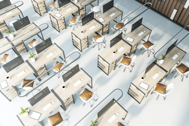 istock Top view of modern coworking office interior with workplaces. 3D Rendering. 1326503423