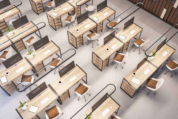 istock Top view of contemporary coworking office interior with workplaces. 3D Rendering. 1326503480
