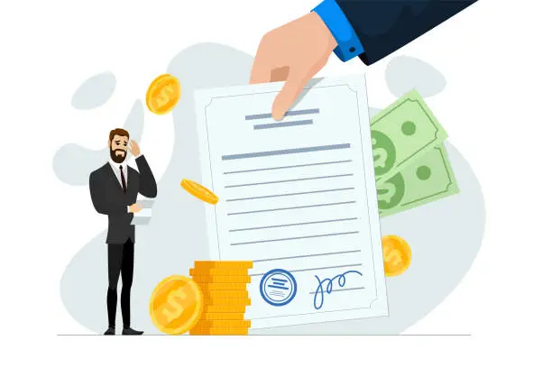 Vector illustration of Shocked frustrated businessman hold financial or mortgage bills. Broke, financial problem and debt crisis concept. Depressed jobless business man worried for loan. Hand gives notice pay tax eps