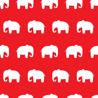 Vector illustration of cute elephants in a repeating pattern against a red background.
