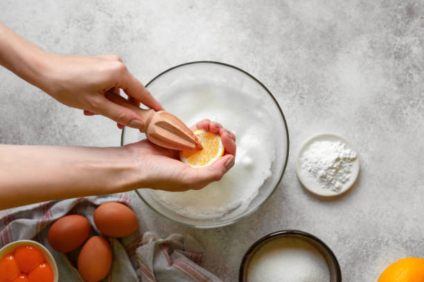 Process of making french meringue. Whipped eggs.
