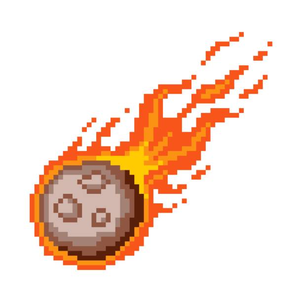 falling fiery pixel meteor. flaming asteroid rushing towards planet burning fire with glowing meteorite core - asteroid 幅插畫檔、美工圖案、卡通及圖標