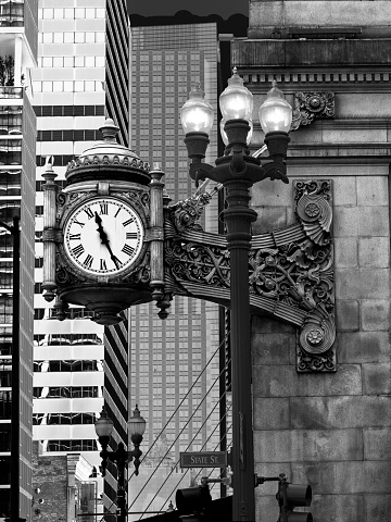 Chicago, Il, USA, June 10, 2021: vintage corner clock in Chicago, IL, USA