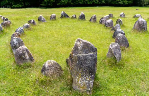 Photo of stone circle at the major Viking burial site in Lindholm Hills in northern Denmark