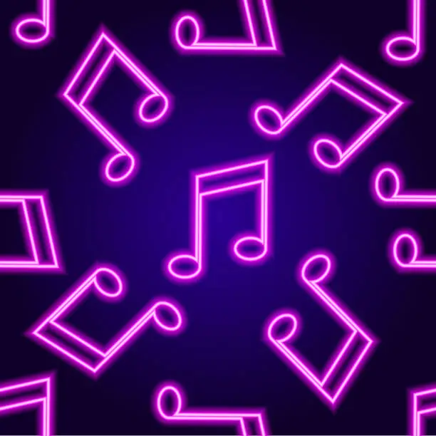 Vector illustration of Vector neon signboard pattern of musical tone, pink color on a dark background. Vector seamless pattern of neon glowing outline notes of lilac color music symbol on a dark blue background for a design template