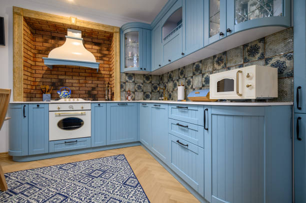 Modern classic blue and beige luxurious kitchen interior